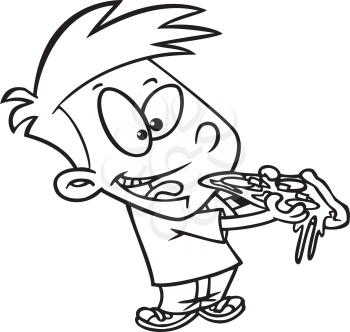 Royalty Free Clipart Image of a Boy Eating a Slice of Pizza
