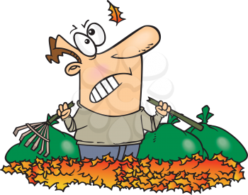 Royalty Free Clipart Image of a
Man With a Broken Rake Standing in a Pile of Leaves
