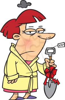 Royalty Free Clipart Image of a Woman Holding a Really Bad Christmas Gift