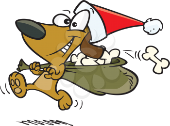 Royalty Free Clipart Image of a Dog Santa Delivering Bones