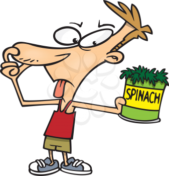 Royalty Free Clipart Image of a Boy Holding His Nose While Looking at a Can of Spinach