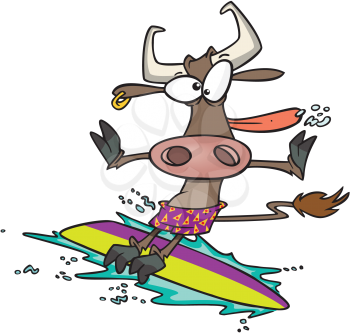 Royalty Free Clipart Image of a Cow Surfing