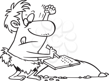 Royalty Free Clipart Image of a Caveman Writing on a Tablet