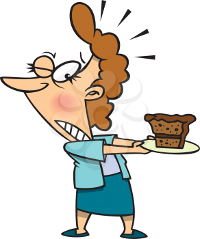 Royalty Free Clipart Image of a Woman Trying Not to Eat a Piece of Cake