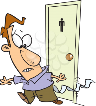 Royalty Free Clipart Image of a Man Walking Out of a Washroom With Toilet Paper Stuck to Him