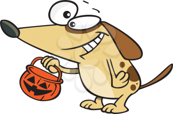 Royalty Free Clipart Image of a Dog Holding a Halloween Bucket