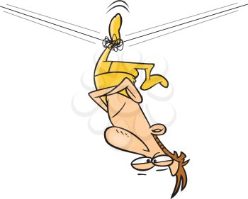 Royalty Free Clipart Image of a
Man Hanging Upside Down From a Tightrope