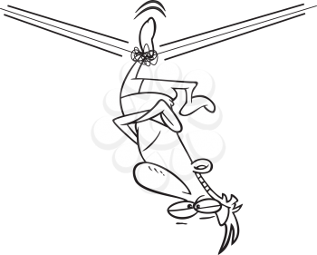 Royalty Free Clipart Image of a
Man Hanging Upside Down From a Tightrope