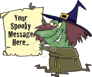 Royalty Free Clipart Image of a
Witch Holding a Sign