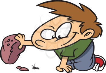 Royalty Free Clipart Image of a Little Boy Looking Under a Rock for Bugs