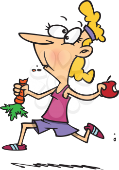 Royalty Free Clipart Image of a Girl Running While Eating an Apple and Carrots