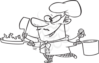 Royalty Free Clipart Image of a Multi-Tasking Chef