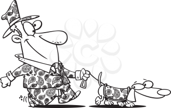 Royalty Free Clipart Image of a Guy in a Paisley Suit Walking a Dog