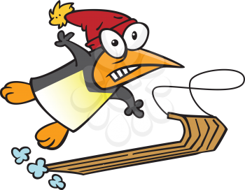 Royalty Free Clipart Image of a Penguin Falling Off a Sled
