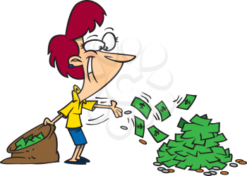 Royalty Free Clipart Image of a Woman Throwing Money Out of a Bag