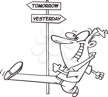 Royalty Free Clipart Image of a Guy Taking a Step Towards Tomorrow at a Sign