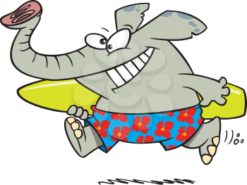 Royalty Free Clipart Image of an Elephant Running With a Surfboard