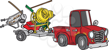 Royalty Free Clipart Image of a Pickup Truck With a Loaded Trailer Behind