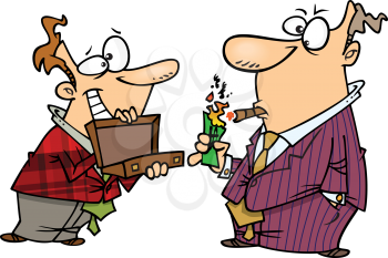 Royalty Free Clipart Image of a Man Holding a Box and Another Man Lighting a Cigar