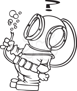 Royalty Free Clipart Image of a Guy in an Underwater Suit Holding a Broken Hose