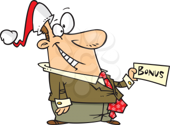 Royalty Free Clipart Image of a Guy in a Santa Hat With a Bonus Cheque