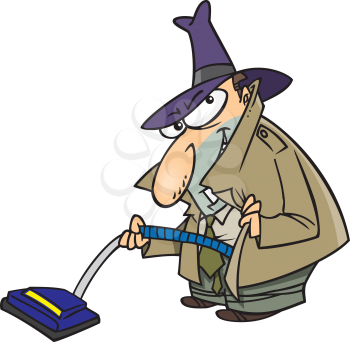Royalty Free Clipart Image of a Man With a Vacuum Hidden Under His Coat