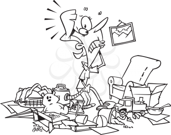 Royalty Free Clipart Image of a Woman Standing in a Cluttered Room