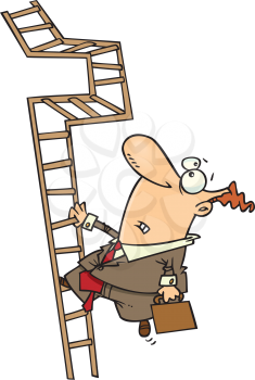Royalty Free Clipart Image of a Businessman Trying to Climb a Crooked Ladder