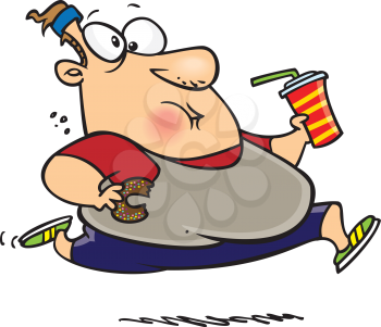 Royalty Free Clipart Image of an Overweight Man Running and Eating Junk Food