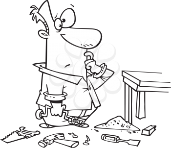 Royalty Free Clipart Image of a Guy Trying to Fix a Table Leg