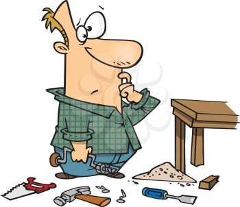 Royalty Free Clipart Image of a Guy Trying to Fix a Table Leg