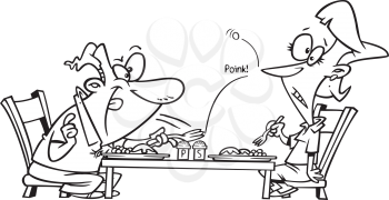 Royalty Free Clipart Image of a Guy Playing With His Food at the Dinner Table