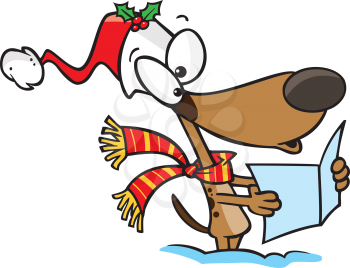 Royalty Free Clipart Image of a Dog in a Festive Hat Singing Christmas Carols