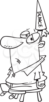Royalty Free Clipart Image of a Guy on a Stool in a Dunce Cap
