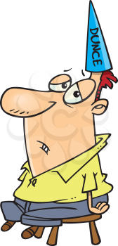 Royalty Free Clipart Image of a Guy on a Stool in a Dunce Cap