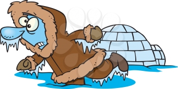 Royalty Free Clipart Image of a Frozen Man Outside an Igloo
