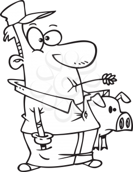 Royalty Free Clipart Image of a Farmer With a Pig