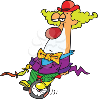 Royalty Free Clipart Image of a Frowning Clown on a Unicycle