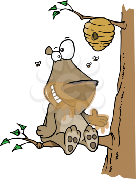 Royalty Free Clipart Image of a Bear in a Tree Beside a Beehive
