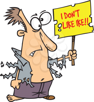 Royalty Free Clipart Image of a Guy In Tattered Clothes Holding an I Don't Like Ike