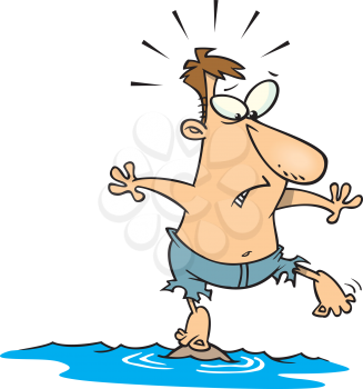 Royalty Free Clipart Image of a Shipwrecked Man Standing With His Toe on a Small Piece of Land