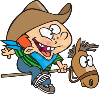 Royalty Free Clipart Image of a Kid on a Toy Horse