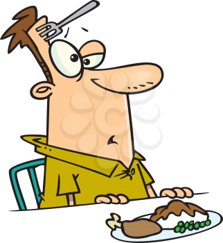 Royalty Free Clipart Image of a Guy at a Meal With the Fork in His Head