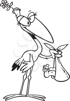Royalty Free Clipart Image of a Lady Stork With a Baby
