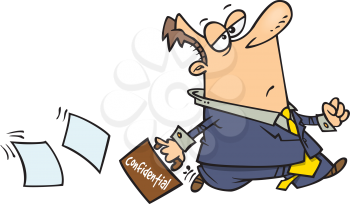 Royalty Free Clipart Image of a Man Carrying a Confidential Briefcase With Papers Falling Out