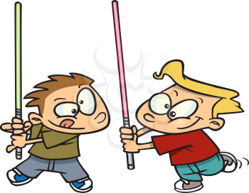 Royalty Free Clipart Image of Two Boys Fighting With Light Sabres