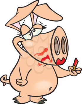 Royalty Free Clipart Image of a Pig Putting on Lipstick