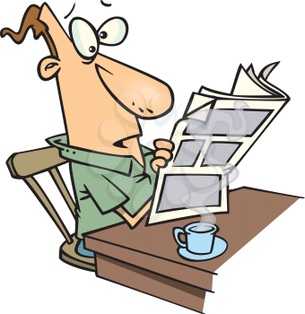 Royalty Free Clipart Image of a a Guy Drinking Coffee and Reading the Newspaper