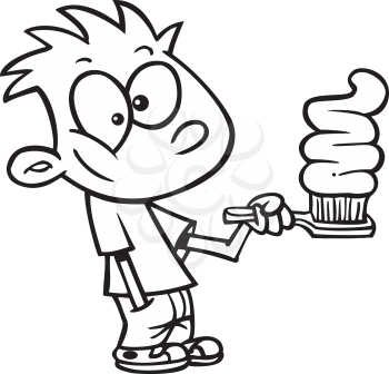 Royalty Free Clipart Image of a Kid With a Lot of Toothpaste on a Toothbrush