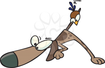 Royalty Free Clipart Image of a Dog With Its Nose to the Ground and a Bird on Its Tail